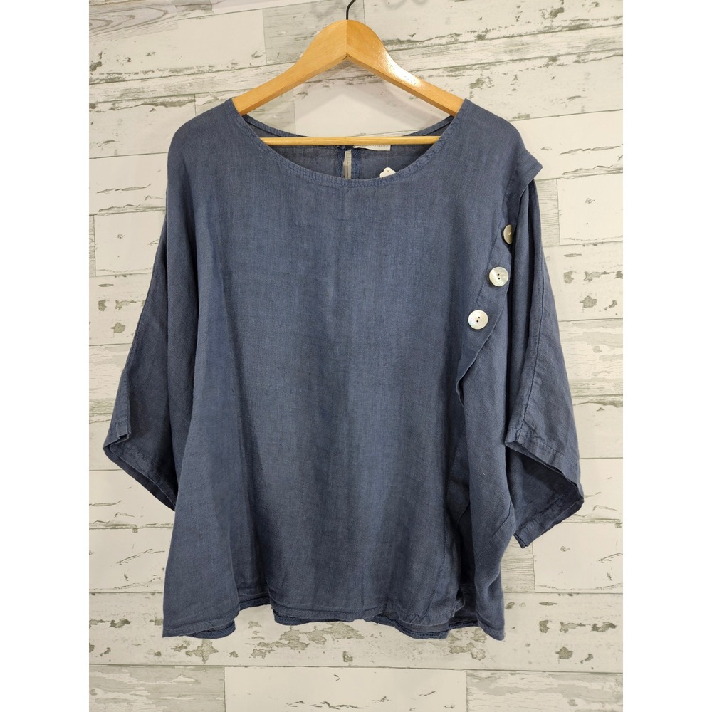 Made in Italy 100% Linen Blue Asymmetrical Button Batwing Top Blouse One Size